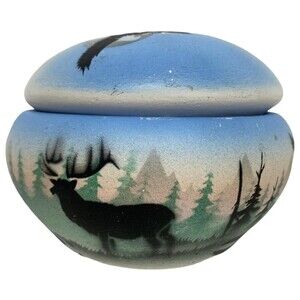 Pottery Jar Trinket Bowl Elk Deer Eagle Mountain Wilderness Alaska Cottage Core